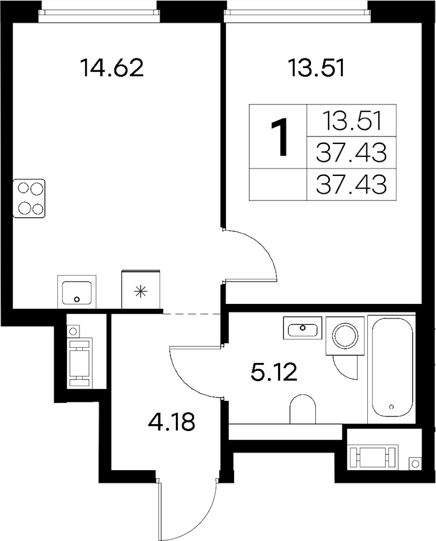 1-комнатная квартира 37.43 м², 6/18 эт., ЖК «Glorax City Василеостровский»